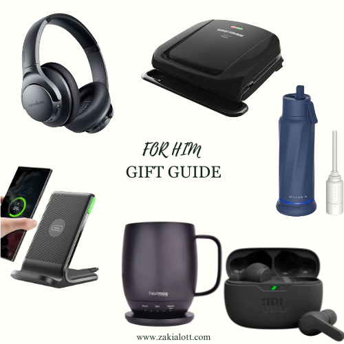 Close-up image of 
gift guide for men featuring items such as headphones, a panini press, a water bottle, a portable handheld vacuum, a wireless phone charger, a smart mug, and wireless earbuds, with the text 'FOR HIM GIFT GUIDE' representing Christmas presents for husbands.