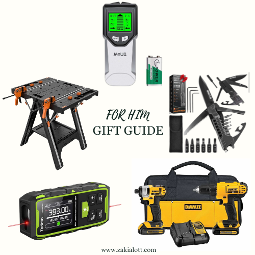 Image of gift guide for him featuring various tools and gadgets. Includes a black and orange workbench, a JAXWQ digital stud finder with a green screen, a black multi-tool knife with various attachments, a Tacklife laser measure, and a yellow and black DeWalt drill set with accessories. The text 'For Him Gift Guide' is displayed in the center.