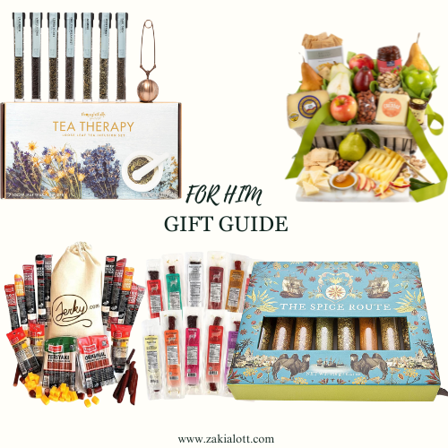 Image of gift ideas for men, featuring four items: a tea therapy set with various teas and an infuser, a gourmet food basket with fresh fruits and cheese, a jerky sampler pack with multiple flavors, and a spice route collection featuring a variety of spices. Text in the center reads 'For Him Gift Guide' showing Christmas gifts for husband. 