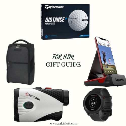 Image featuring sports and tech items. Includes a TaylorMade Distance+ golf ball box, a black backpack, a Rapsodo mobile launch monitor for golf, a Redtiger golf rangefinder, and a black sports smartwatch with a round display.