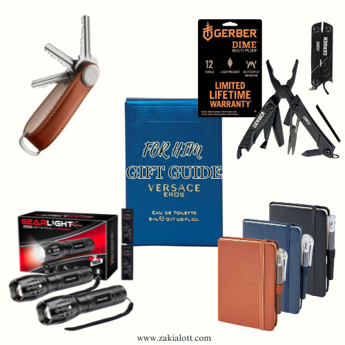 Close-up of gift ideas for men, featuring a compact key organizer with a leather finish, a Gerber multi-tool with various functionalities, a Versace Eros eau de toilette gift set, a set of GearLight flashlights, and stylish leather wallets with integrated pens.