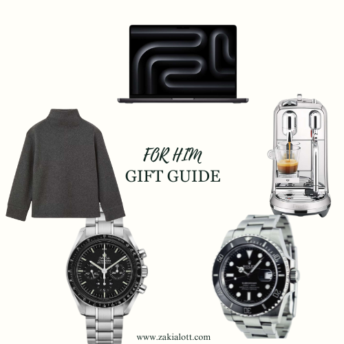 Image of luxury and tech items. Includes a sleek black laptop with a modern design, a gray turtleneck sweater, a chrome espresso machine with two cups, and two luxury watches with metal bands—one with a black chronograph dial and the other a black dive watch representing husband Christmas gifts.