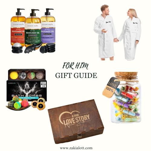 Image featuring five items: a set of three massage oils with different scents, a matching white robe set for couples, a set of colorful bath bombs for men, a jar filled with colorful rolled-up notes labeled '100% love,' and a wooden keepsake box engraved with the phrase 'A True Love Story Never Ends.' The text 'FOR HIM GIFT GUIDE' representing gift for husband this Christmas.