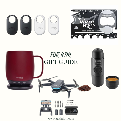 Image featuring practical and tech-savvy items, including Bluetooth trackers, a multi-tool card, a self-heating coffee mug, a portable espresso maker, and a compact drone with accessories showing what to buy my husband for Christmas.