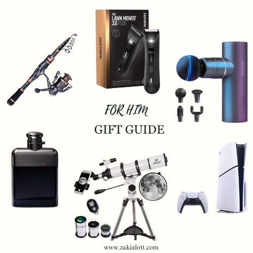 Image of gift guide for men featuring various items including a fishing rod, grooming kit, massage gun, cologne, telescope, and a gaming console with a controller, presented with the text 'FOR HIM GIFT GUIDE' showing best Christmas gifts for hubby.