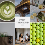 Image of collage-style family vision board for 2025. The board includes various images symbolizing aspirations and goals: a smiling woman with curly hair, a Welcome Open sign for a business, a modern home, a cup of matcha latte with latte art, the Eiffel Tower from below, a dinner table with asparagus and lemon, a shopping bag with tulips and sunglasses, a couple practicing yoga, tennis balls, a woman reading a magazine, a luxurious poolside setting, and the headlight of a sleek sports car. Image used for the article A Family Vision Board.