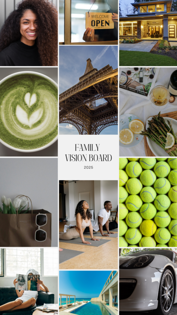 Image of collage-style family vision board for 2025. The board includes various images symbolizing aspirations and goals: a smiling woman with curly hair, a Welcome Open sign for a business, a modern home, a cup of matcha latte with latte art, the Eiffel Tower from below, a dinner table with asparagus and lemon, a shopping bag with tulips and sunglasses, a couple practicing yoga, tennis balls, a woman reading a magazine, a luxurious poolside setting, and the headlight of a sleek sports car. Image used for the article A Family Vision Board.