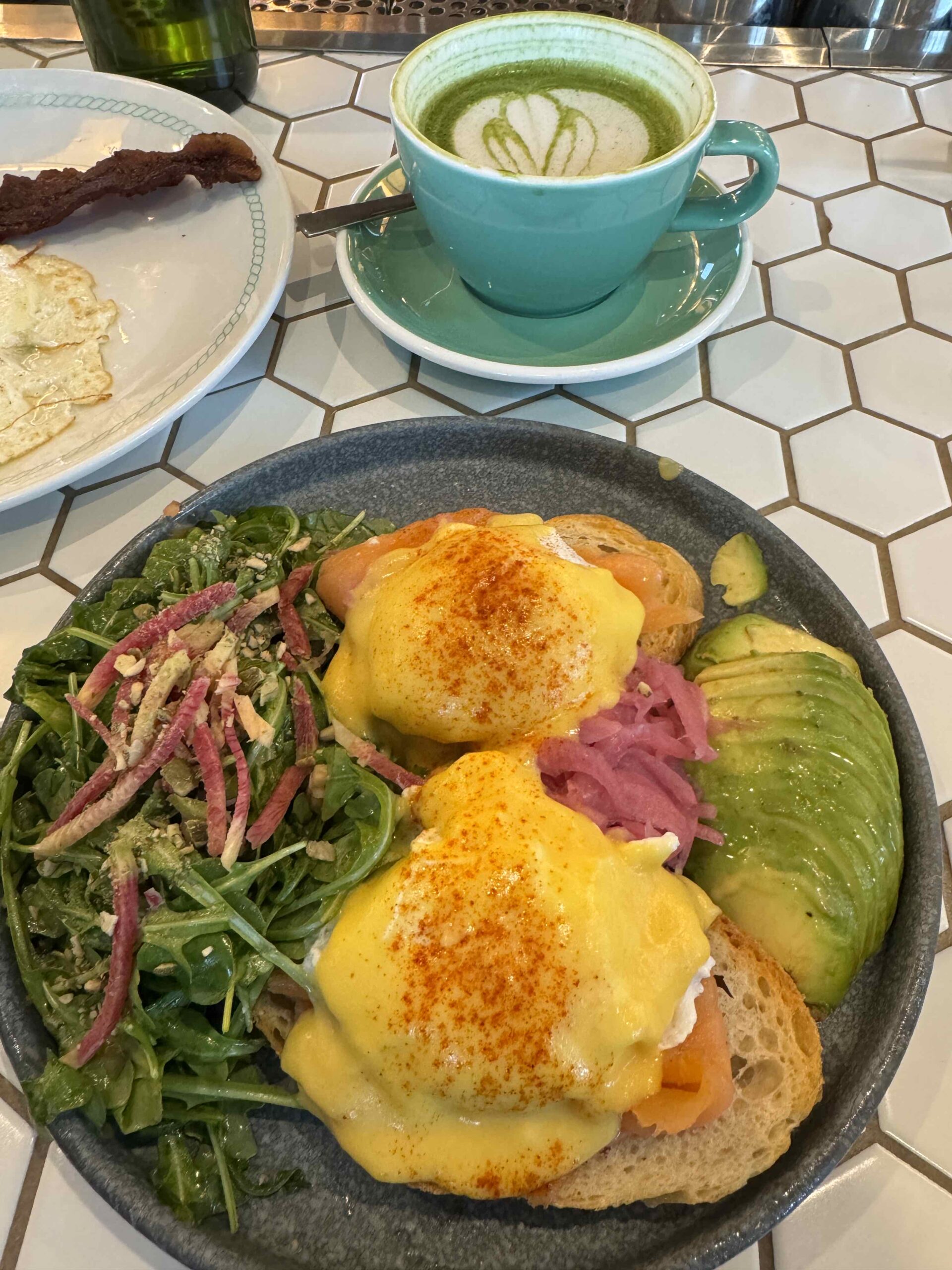 Image of a eggs benedict with avocado, salad, and a latte in a cozy cafe setting.