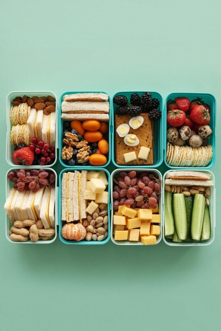 Image of an array of colorful snack boxes filled with various healthy foods, including crackers, nuts, berries, cheese, boiled eggs, cucumber sticks, grapes, cherry tomatoes, and sandwiches, arranged neatly on a light green background. Image used for the article Meal Planning For Working Moms.