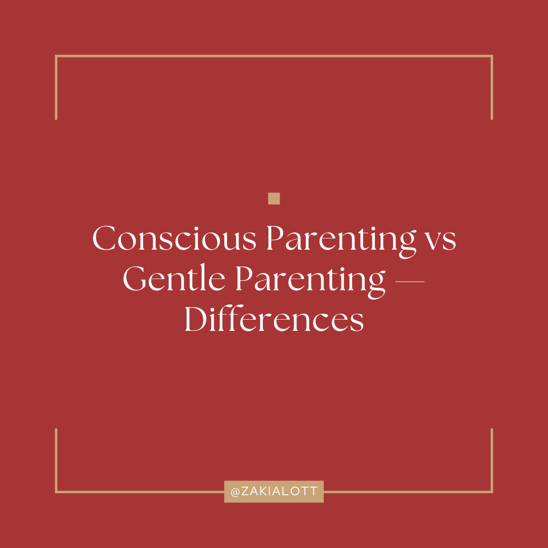 Image of a red graphic with gold borders displaying the text: "Conscious Parenting vs Gentle Parenting — Differences.