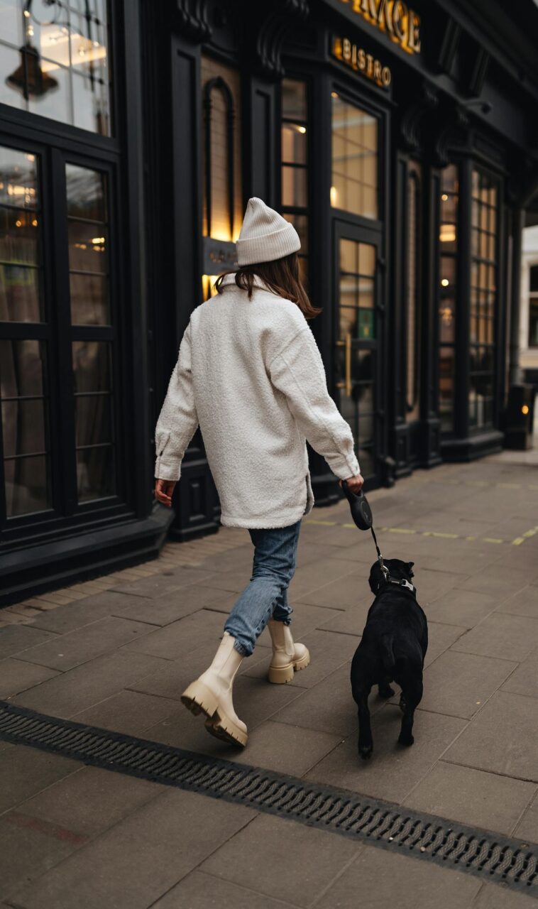 How Women Working in Demanding Careers Can Make Time for Physical Wellness? Image of a woman in cozy winter outfit walking her dog on a city street near a bistro with dark facade, representing Finding time for fitness as a working woman.