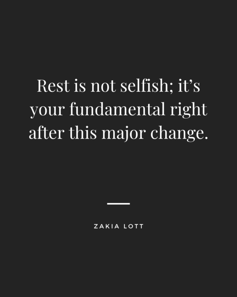 Image of encouragement quote on dark background: Rest is not selfish, it's your fundamental right after this major change, showing depression pregnancy quotes.