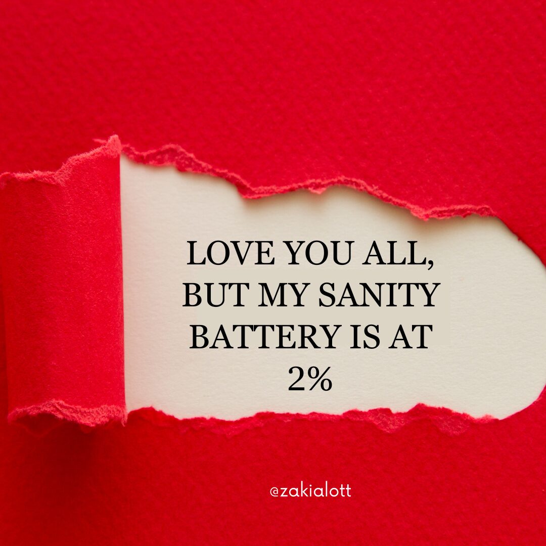 Image of a Torn red paper reveals message: LOVE YOU ALL, BUT MY SANITY BATTERY IS AT 2% , representing boundary setting examples.