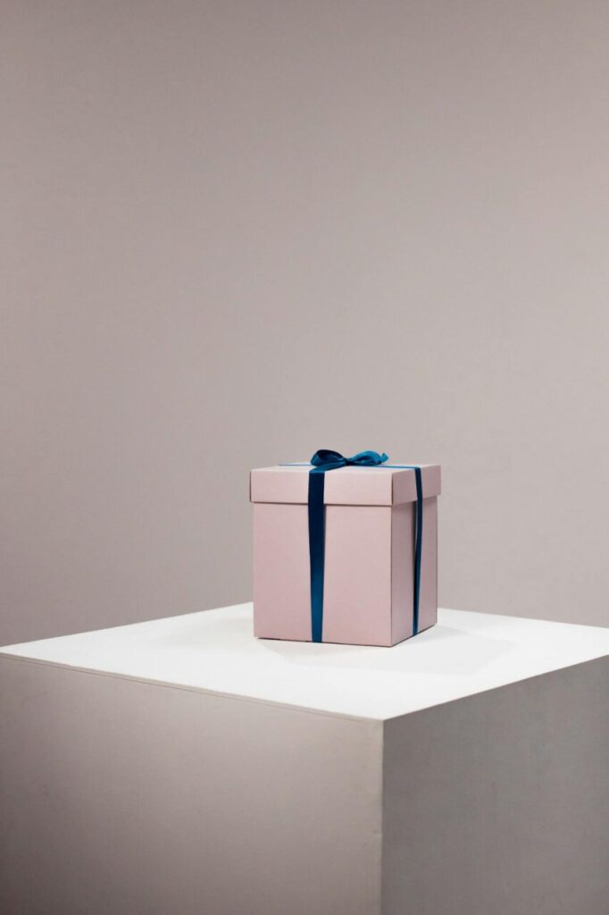 Image of a pink gift box with dark blue ribbon displayed on a white pedestal against a neutral background, showing daughter in law.